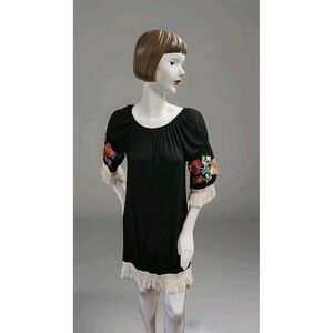 Lady's World Dress Womens Large Embroidered 3/4 Sleeve Pullover Boho W/Fringe!